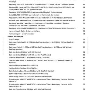 Op de afbeelding: Gedetailleerde pagina uit een handleiding met elektrische connectoren, schakelaars en sensoren. De tekst bevat specificaties, handelsmerken en onderdeelnummers. Het document is voor landbouwmachines.
