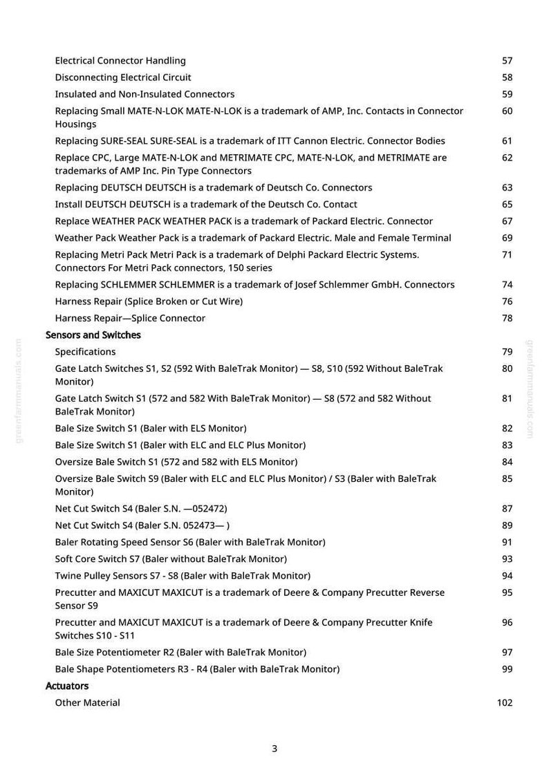 Op de afbeelding: Gedetailleerde pagina uit een handleiding met elektrische connectoren, schakelaars en sensoren. De tekst bevat specificaties, handelsmerken en onderdeelnummers. Het document is voor landbouwmachines.