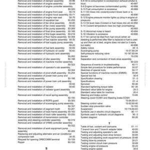K&ouml;nnte beinhalten: Eine Seite aus einem Komatsu-Ger&auml;tehandbuch mit einem Index der Wartungsverfahren. Der Text listet verschiedene Aus- und Einbauverfahren f&uuml;r Motorkomponenten sowie Fehlerbehebungsanleitungen und Spezifikationen auf.