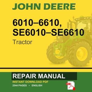 Pode incluir: Capa do manual de repara&ccedil;&atilde;o John Deere com um trator verde sobre fundo amarelo. O texto inclui "JOHN DEERE", "6010-6610, SE6010-SE6610 Tractor" e "REPAIR MANUAL". Tamb&eacute;m indica "INSTANT DOWNLOAD PDF".