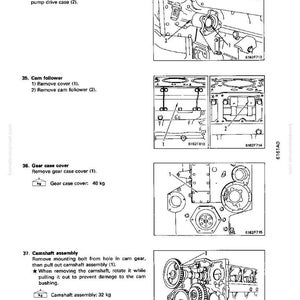 Op de afbeelding: Technische diagram uit een handleiding met motoronderdelen. Bevat illustraties van de aandrijfbehuizing van de injectiepomp, de nokvolger, de versnellingsbakdeksel (48 kg) en de nokkenasconstructie (32 kg).