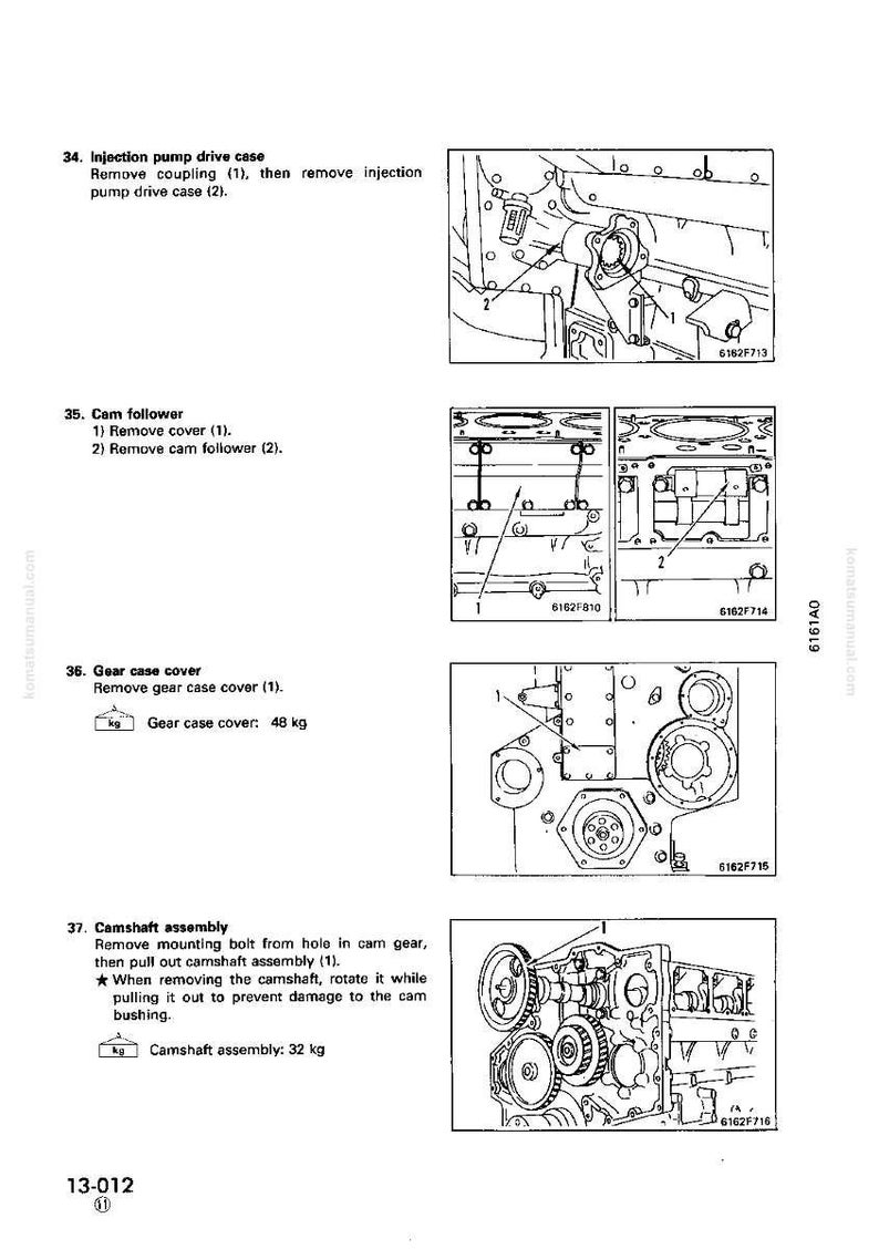 Op de afbeelding: Technische diagram uit een handleiding met motoronderdelen. Bevat illustraties van de aandrijfbehuizing van de injectiepomp, de nokvolger, de versnellingsbakdeksel (48 kg) en de nokkenasconstructie (32 kg).