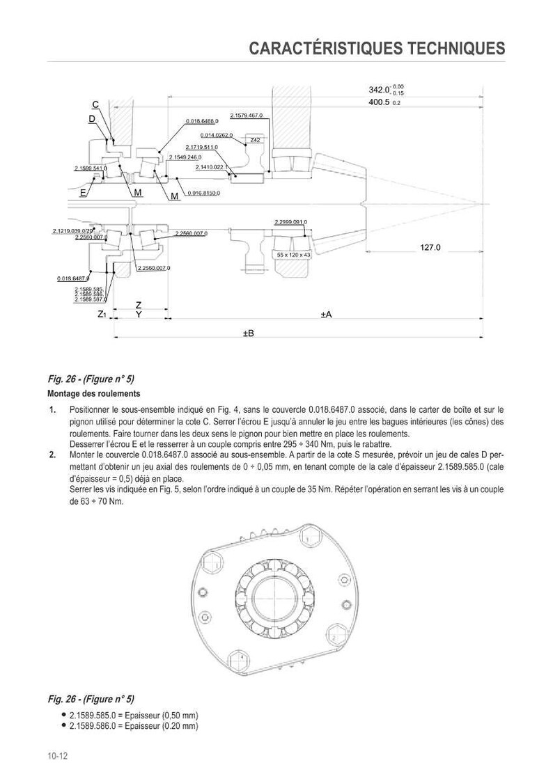 May include: Technical diagram with measurements and annotations. Features a detailed illustration of mechanical components, with dimensions in millimetres. Text in the image describes the assembly of bearings and related procedures.