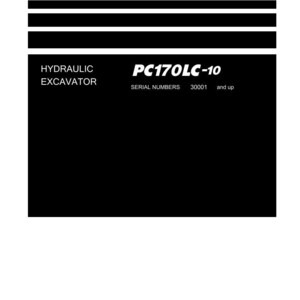 Op de afbeelding: Een witte handleidingomslag met zwarte tekst. De titel "Shop Manual" staat bovenaan. Hieronder staat "Hydraulic Excavator" en "PC170LC-10". Het Komatsu-logo staat onderaan.