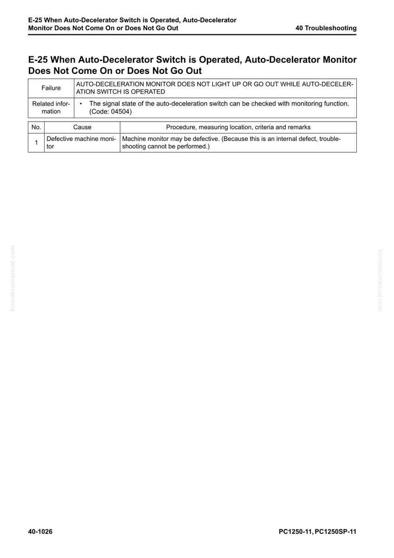 May include: A troubleshooting guide page with the title "E-25 When Auto-Decelerator Switch is Operated, Auto-Decelerator Monitor Does Not Come On or Does Not Go Out." The page includes failure descriptions and related information.