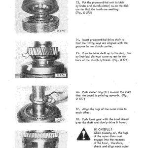 May include: A page from a service manual detailing powershift transmission assembly. The diagrams illustrate the fitting of components like clutch cylinders, drive shafts, and spacer rings. Text provides numbered instructions and safety warnings.