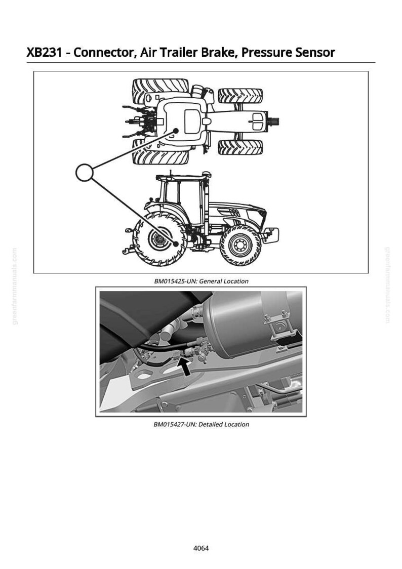 May include: Diagram of a tractor with callouts for the connector, air trailer brake, and pressure sensor. The image includes a detailed view of the air brake system. Text on the image reads: XB231 - Connector, Air Trailer Brake, Pressure Sensor.