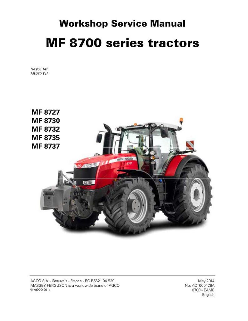 May include: A red Massey Ferguson MF 8700 series tractor is shown, a robust agricultural machine. The tractor has large black tyres, a spacious cabin, and the text "MF 8727, MF 8730, MF 8732, MF 8735, MF 8737" is visible.