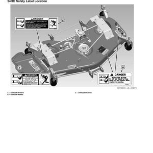 May include: Diagram of a lawn mower deck with safety labels. The labels warn of dangers, including rotating blades. Text on the labels includes "DANGER" and instructions to avoid injury. The image is in black and white.