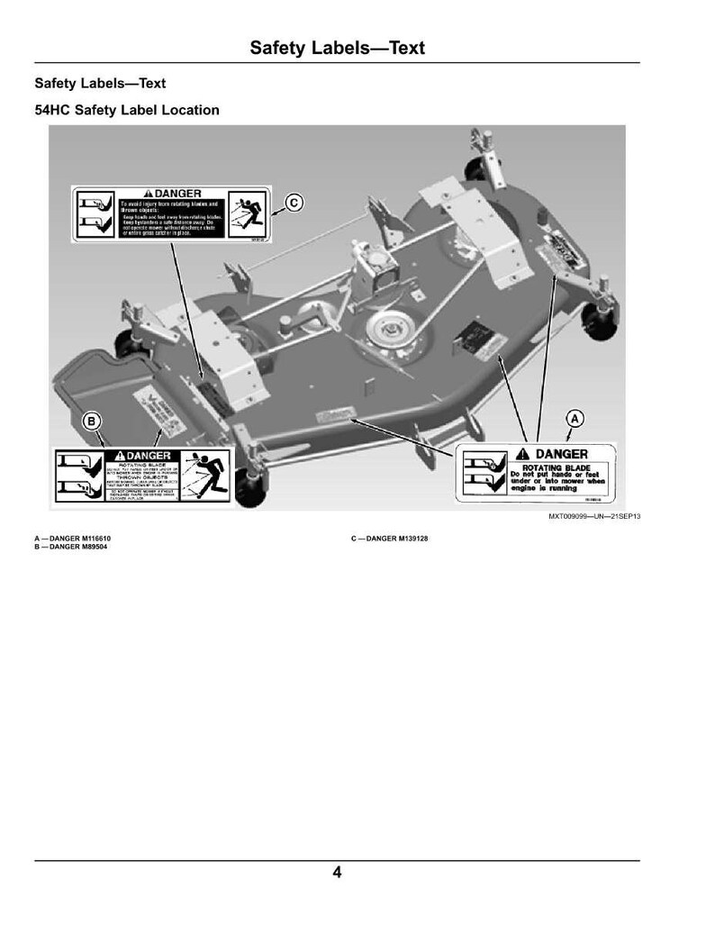May include: Diagram of a lawn mower deck with safety labels. The labels warn of dangers, including rotating blades. Text on the labels includes "DANGER" and instructions to avoid injury. The image is in black and white.