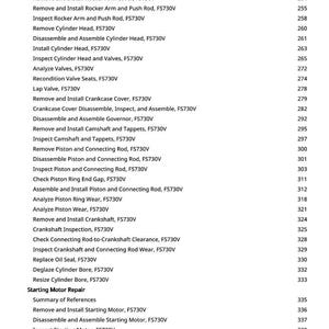 May include: A white page detailing engine repair procedures. Entries include "Remove and Install Ignition Coil, FS730V" and "Inspect Cylinder Head and Valves, FS730V." Page numbers are on the right.