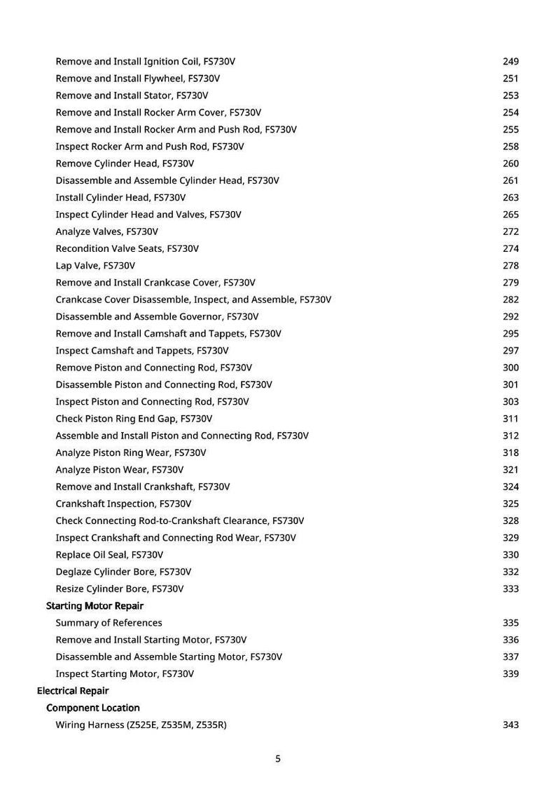 May include: A white page detailing engine repair procedures. Entries include "Remove and Install Ignition Coil, FS730V" and "Inspect Cylinder Head and Valves, FS730V." Page numbers are on the right.