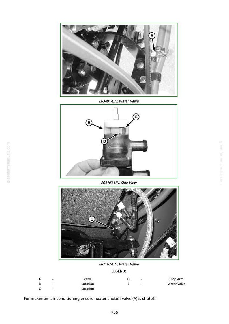 May include: Diagram showing water valve components with close-up views and labels A, B, C, D, and E. A legend defines each part. Text advises ensuring the heater shutoff valve (A) is shut off for air conditioning.