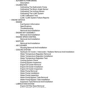May include: A detailed list of engine service and maintenance procedures, including calibration, cooling system checks, and lubrication system tasks. The text is in black font on a white background.