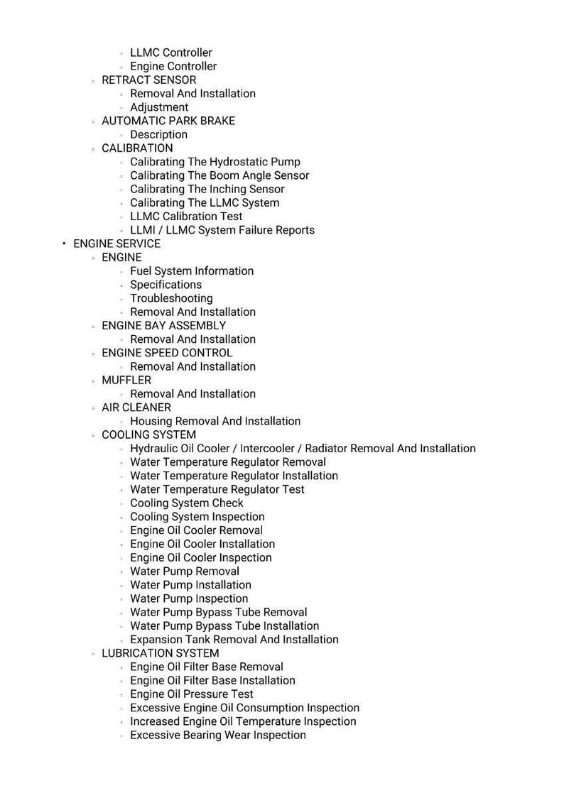 May include: A detailed list of engine service and maintenance procedures, including calibration, cooling system checks, and lubrication system tasks. The text is in black font on a white background.