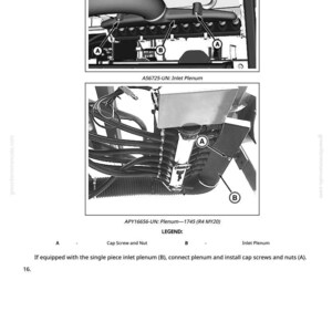 May include: Diagrams of an engine's inlet plenum and related components, including cap screws, nuts, and the plenum itself. The images are labeled with letters and numbers for identification and assembly instructions.