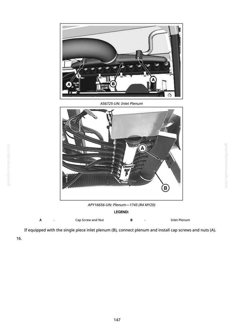 May include: Diagrams of an engine's inlet plenum and related components, including cap screws, nuts, and the plenum itself. The images are labeled with letters and numbers for identification and assembly instructions.