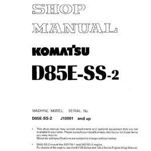 K&ouml;nnte beinhalten: Ein wei&szlig;es Werkstatthandbuch mit schwarzem Text. Der Titel "SHOP MANUAL" steht oben, gefolgt von "KOMATSU" und "D85E-SS-2". Das Handbuch enth&auml;lt Details zum Maschinenmodell D85E-SS-2 und der Seriennummer J10001 und h&ouml;her.