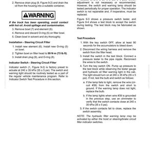 May include: A page from a manual detailing the removal, installation, and testing of a steering circuit filter and indicator switch. Includes diagrams, warnings, and step-by-step instructions for automotive maintenance.