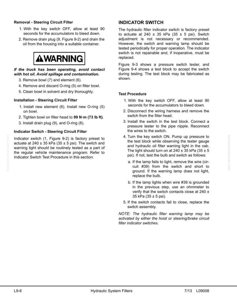 May include: A page from a manual detailing the removal, installation, and testing of a steering circuit filter and indicator switch. Includes diagrams, warnings, and step-by-step instructions for automotive maintenance.