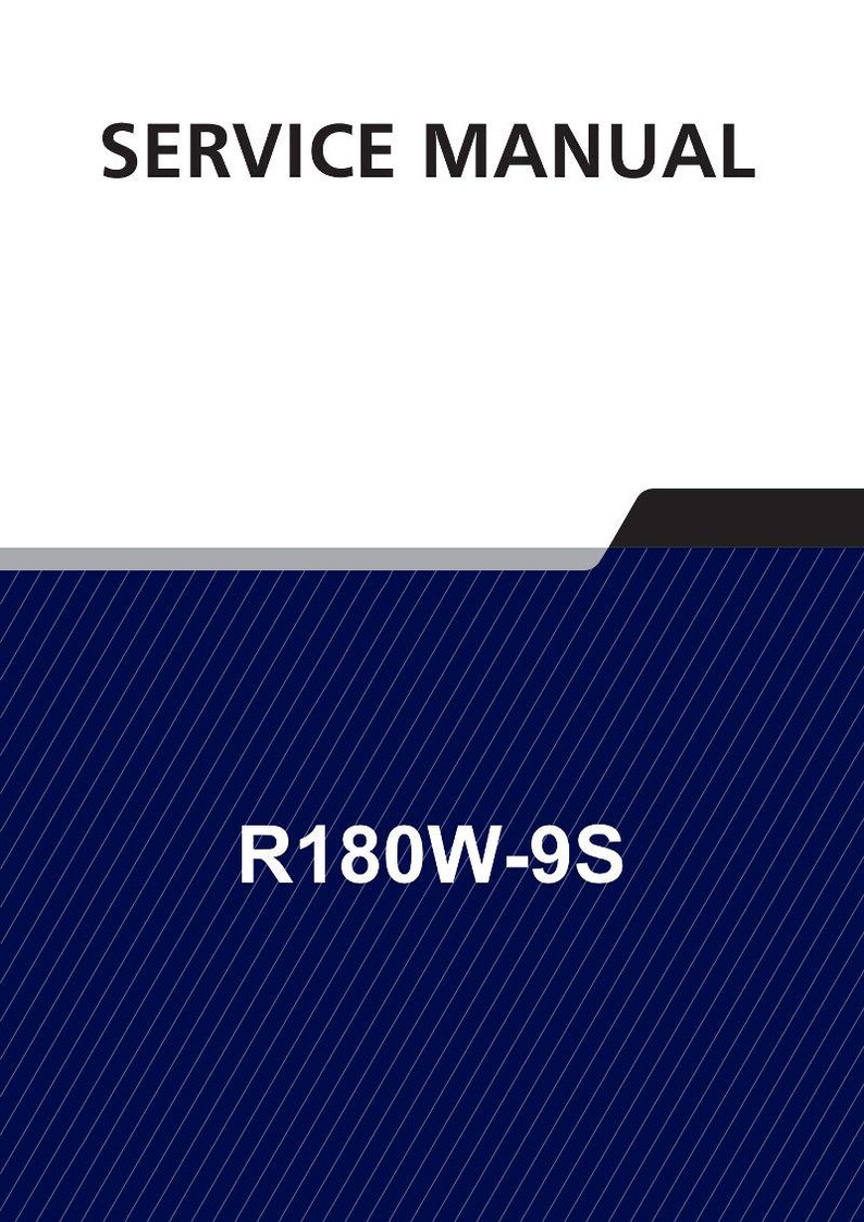 May include: A service manual with the text "SERVICE MANUAL" in black at the top. Below is a dark blue background with white diagonal lines and the text "R180W-9S".