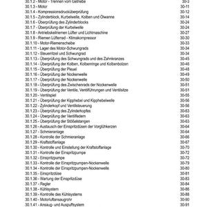 Może przedstawiać: Szczeg&oacute;łowy spis treści z instrukcji, z nagł&oacute;wkami i podtytułami związanymi z naprawą i konserwacją silnika. Tekst jest w języku niemieckim i obejmuje tematy takie jak elementy silnika, układy paliwowe i układy chłodzenia.