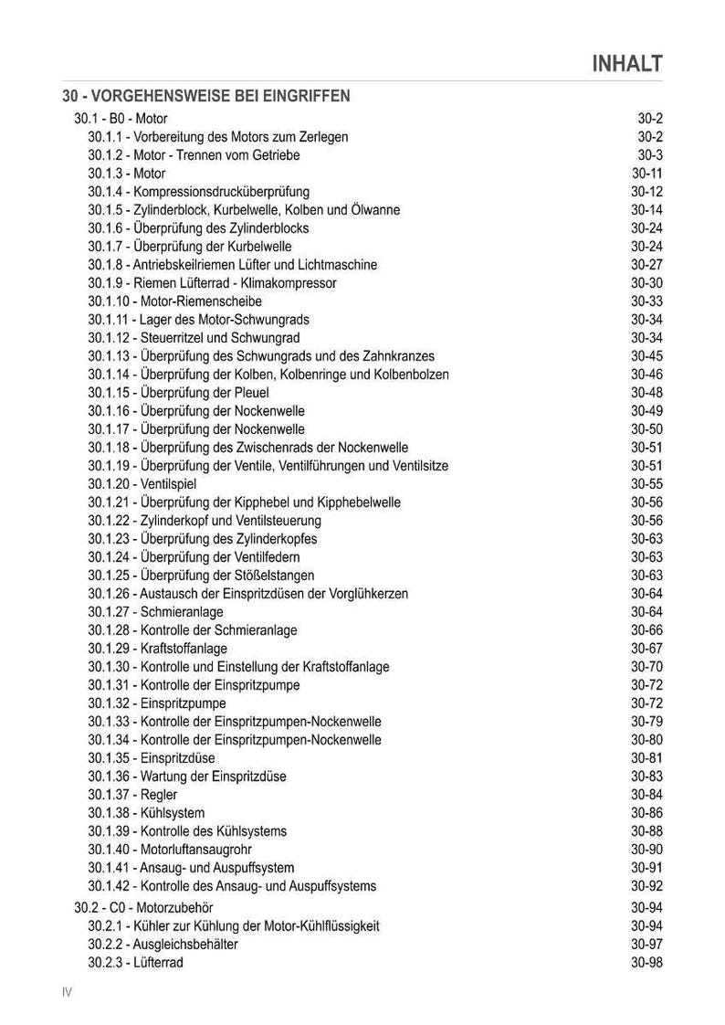 Może przedstawiać: Szczeg&oacute;łowy spis treści z instrukcji, z nagł&oacute;wkami i podtytułami związanymi z naprawą i konserwacją silnika. Tekst jest w języku niemieckim i obejmuje tematy takie jak elementy silnika, układy paliwowe i układy chłodzenia.