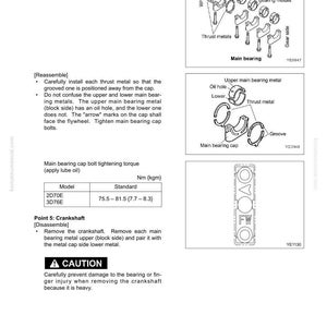 May include: Diagram of engine components, including bearing caps, thrust metals, and main bearings. Text instructions detail disassembly and reassembly procedures, with torque specifications in Newton meters (Nm). A caution is included.