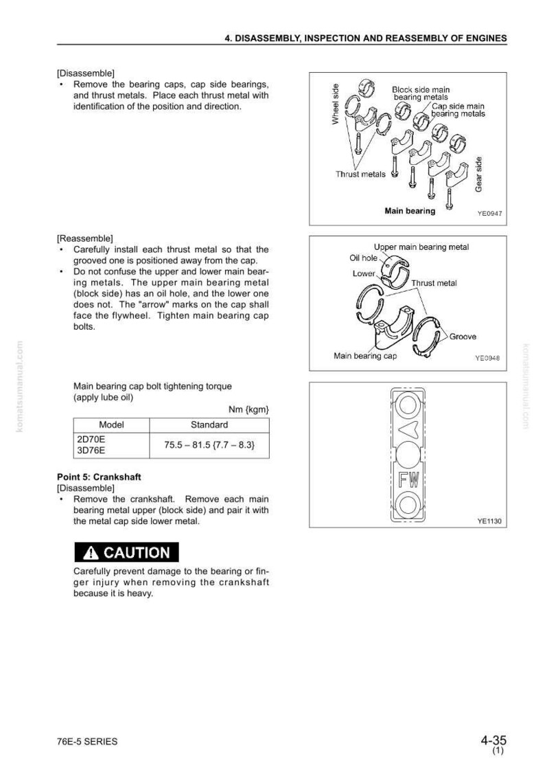 May include: Diagram of engine components, including bearing caps, thrust metals, and main bearings. Text instructions detail disassembly and reassembly procedures, with torque specifications in Newton meters (Nm). A caution is included.