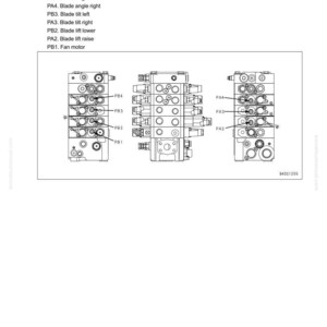 Puede incluir: Diagrama de un sistema hidr&aacute;ulico con ubicaciones de medici&oacute;n etiquetadas, incluidos los &aacute;ngulos de la cuchilla y las funciones de elevaci&oacute;n. La imagen incluye el texto "30 Testing and adjusting Hydraulic system".