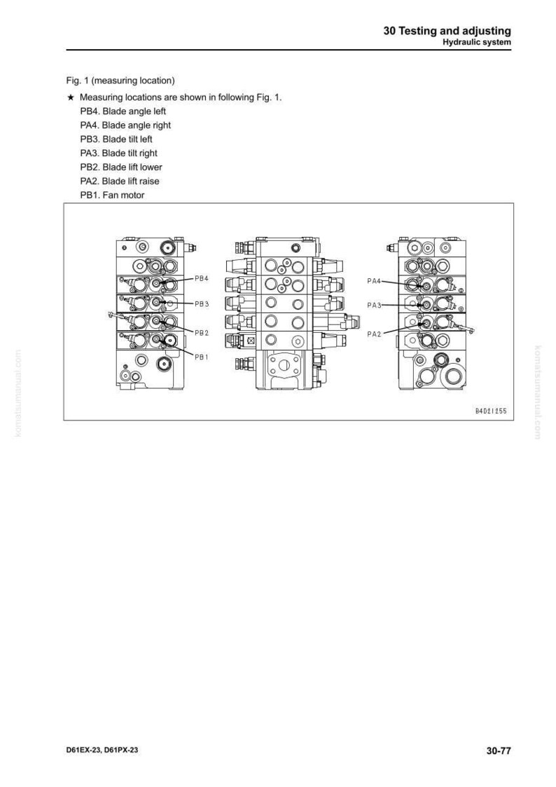 Puede incluir: Diagrama de un sistema hidr&aacute;ulico con ubicaciones de medici&oacute;n etiquetadas, incluidos los &aacute;ngulos de la cuchilla y las funciones de elevaci&oacute;n. La imagen incluye el texto "30 Testing and adjusting Hydraulic system".