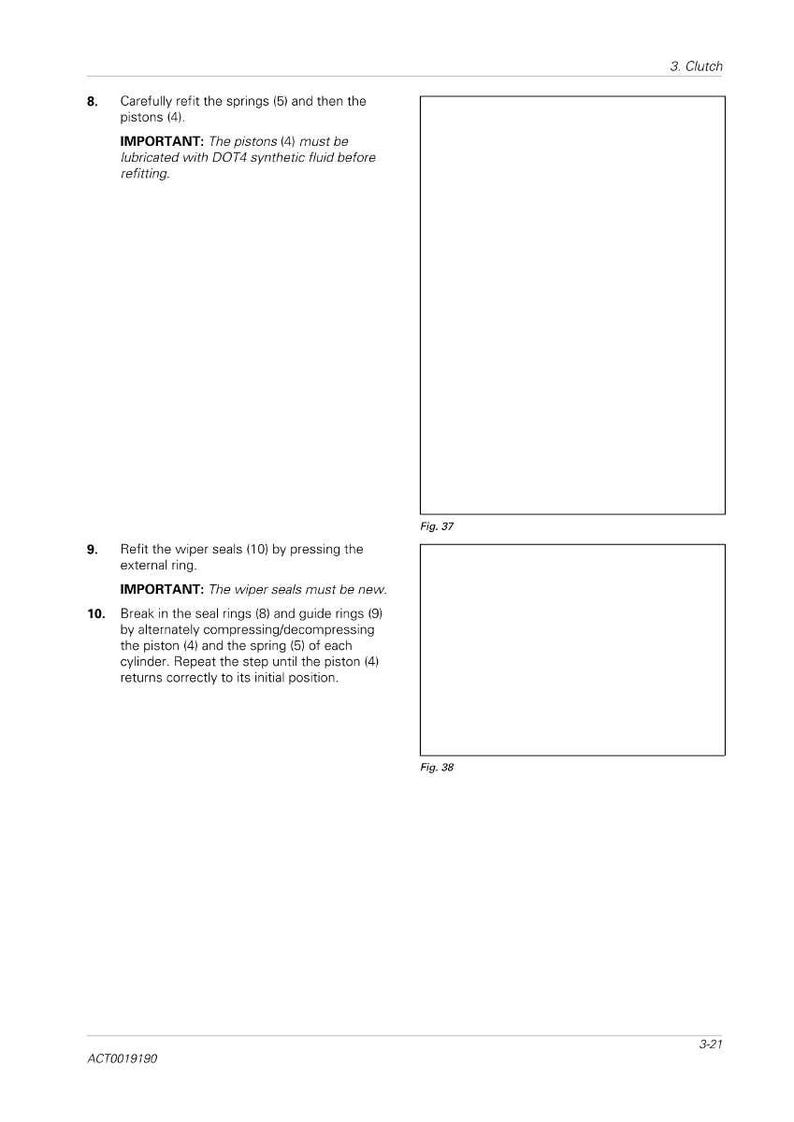 Pode incluir: P&aacute;gina de manual com instru&ccedil;&otilde;es de reparo da embreagem. O texto descreve a recoloca&ccedil;&atilde;o de molas e pist&otilde;es, a recoloca&ccedil;&atilde;o das veda&ccedil;&otilde;es do limpador e a rodagem dos an&eacute;is de veda&ccedil;&atilde;o e dos an&eacute;is guia. Diagramas est&atilde;o inclu&iacute;dos.