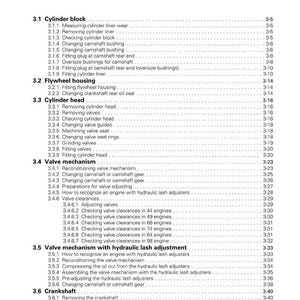 May include: A detailed table of contents from a manual, titled "3. Maintenance." The document lists procedures for cylinder block, flywheel housing, cylinder head, valve mechanism, and crankshaft maintenance. The page number is 3-1.
