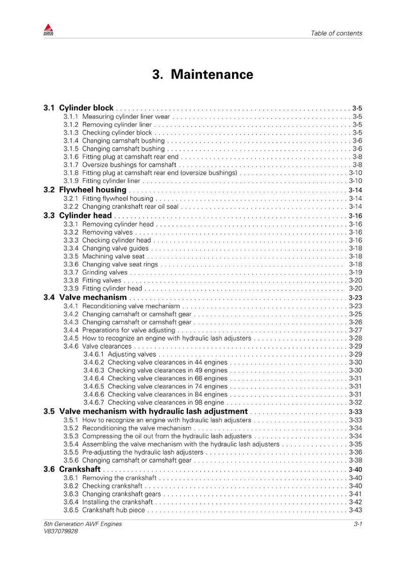May include: A detailed table of contents from a manual, titled "3. Maintenance." The document lists procedures for cylinder block, flywheel housing, cylinder head, valve mechanism, and crankshaft maintenance. The page number is 3-1.