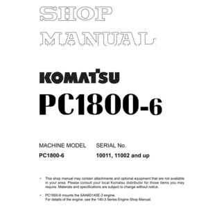 May include: A white shop manual with the text "SHOP MANUAL" at the top. Below is the Komatsu logo and "PC1800-6" in large, bold letters. The manual includes machine model and serial number information.