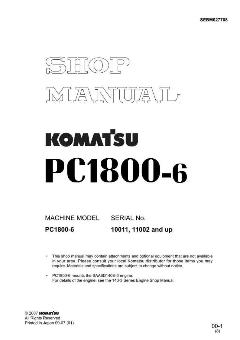 May include: A white shop manual with the text "SHOP MANUAL" at the top. Below is the Komatsu logo and "PC1800-6" in large, bold letters. The manual includes machine model and serial number information.