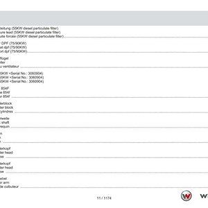 May include: A page from a manual with the title "Contents" in English, German, and French. The page lists various engine components, including filters, propellers, and cylinder heads. The Weidemann logo is at the bottom.