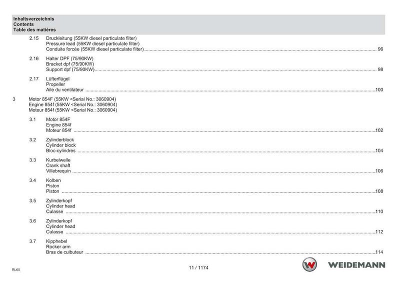 May include: A page from a manual with the title "Contents" in English, German, and French. The page lists various engine components, including filters, propellers, and cylinder heads. The Weidemann logo is at the bottom.