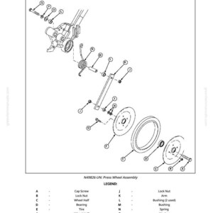 May include: An exploded diagram of a repair press wheel arm assembly, labeled with letters and numbers. The diagram includes parts like cap screws, lock nuts, wheel halves, bearings, tires, washers, and a spring. Text at the top reads "Repair Press Wheel Arm Assembly."