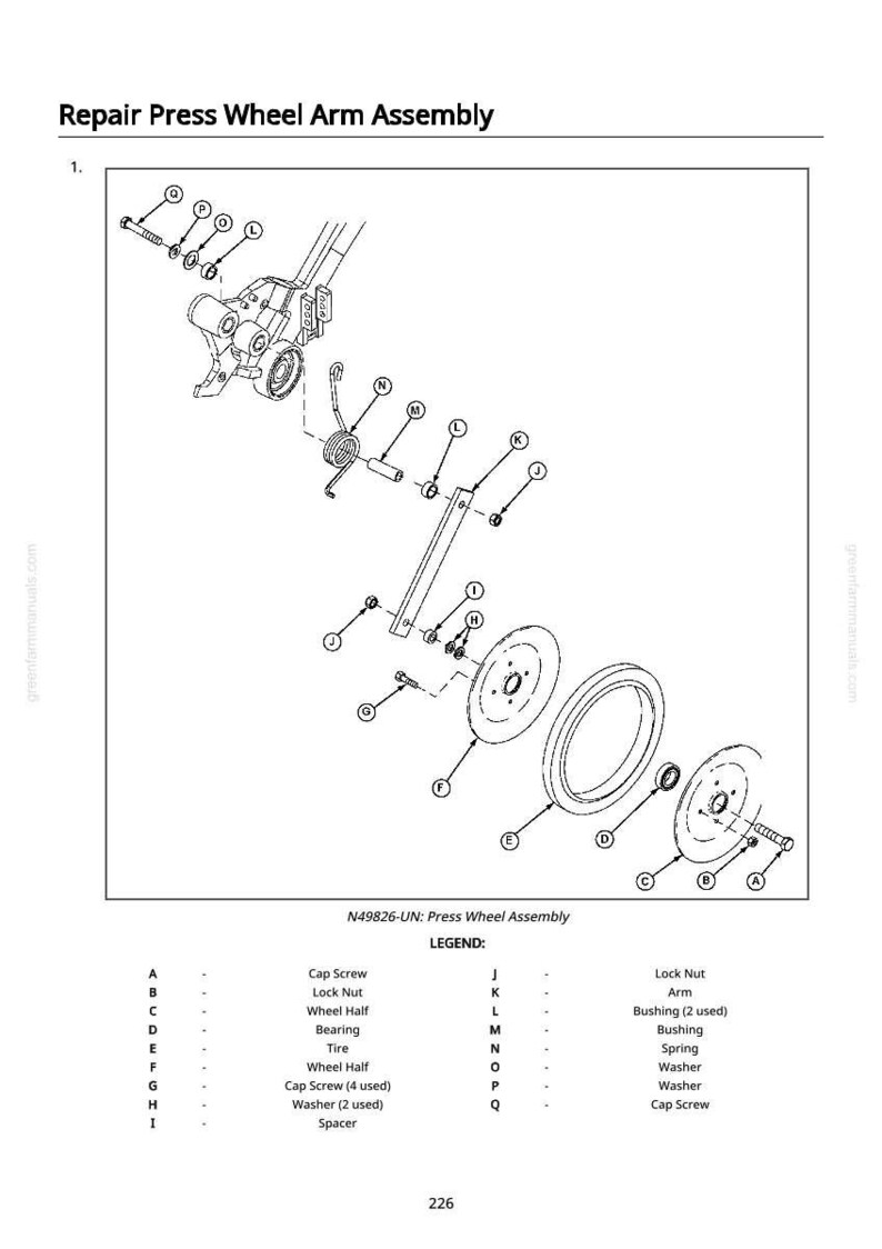 May include: An exploded diagram of a repair press wheel arm assembly, labeled with letters and numbers. The diagram includes parts like cap screws, lock nuts, wheel halves, bearings, tires, washers, and a spring. Text at the top reads "Repair Press Wheel Arm Assembly."