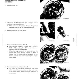 May include: Diagram of a transfer assembly disassembly process. The image shows multiple steps with detailed illustrations of removing parts, including bolts, plates, and the inner race. Text instructions accompany each step.
