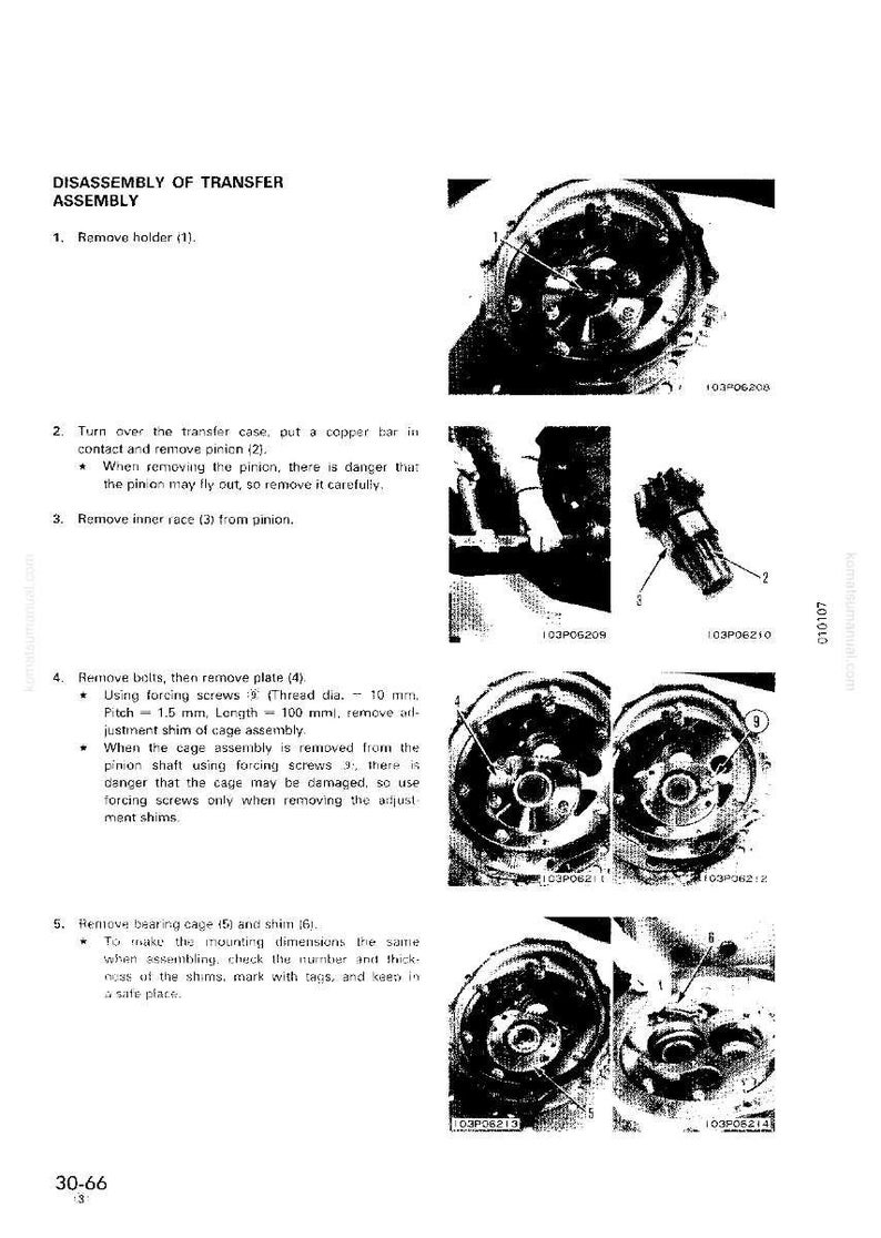 May include: Diagram of a transfer assembly disassembly process. The image shows multiple steps with detailed illustrations of removing parts, including bolts, plates, and the inner race. Text instructions accompany each step.
