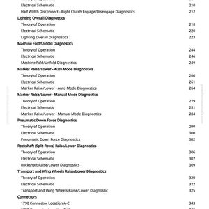 May include: A white page with a detailed list of electrical schematics, diagnostics, and connector locations. The text includes terms like "Half Width Disconnect," "Lighting Overall Diagnostics," and "Marker Raise/Lower." Page numbers are listed on the right.