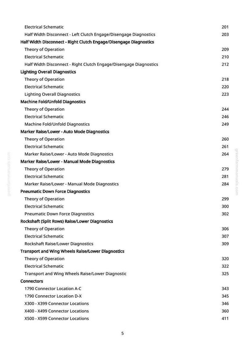 May include: A white page with a detailed list of electrical schematics, diagnostics, and connector locations. The text includes terms like "Half Width Disconnect," "Lighting Overall Diagnostics," and "Marker Raise/Lower." Page numbers are listed on the right.