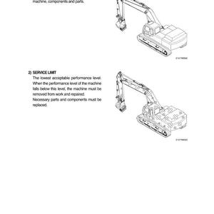 May include: Line drawings of an excavator, a heavy construction machine, are shown. The image includes text about terminology and service limits for the machine's components and parts. The excavator is depicted in a technical illustration.