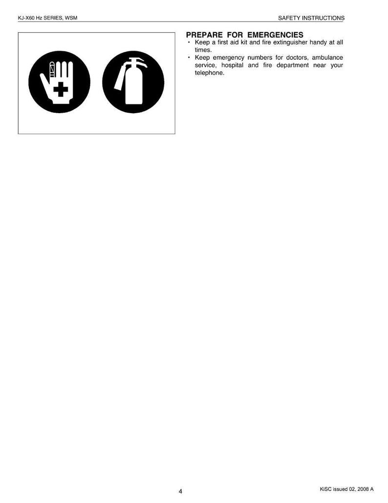 K&ouml;nnte beinhalten: Sicherheitsanweisungen mit dem Text &bdquo;BEREITEN SIE SICH AUF NOTF&Auml;LLE VOR&ldquo;. Enth&auml;lt ein Erste-Hilfe-Symbol und ein Feuerl&ouml;scher-Symbol. Der Text r&auml;t, einen Erste-Hilfe-Kasten und einen Feuerl&ouml;scher griffbereit zu haben.