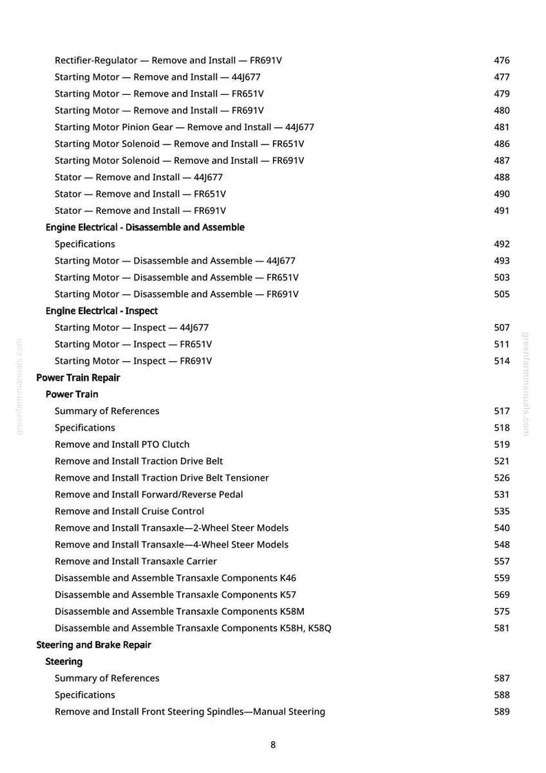 May include: A page from a manual with a table of contents. The text includes engine electrical, power train repair, and steering and brake repair. The page number is 8.