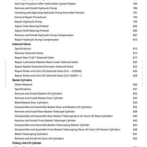 Puede incluir: Una lista detallada de piezas de servicio, especificaciones y procedimientos de reparaci&oacute;n para sistemas hidr&aacute;ulicos y componentes relacionados. Incluye instrucciones para v&aacute;lvulas solenoides, cilindros de cesta y cilindros de elevaci&oacute;n de la unidad de recogida.