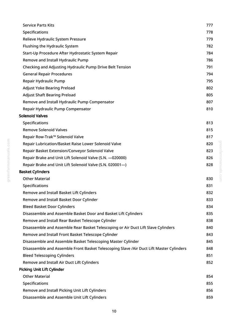 Puede incluir: Una lista detallada de piezas de servicio, especificaciones y procedimientos de reparaci&oacute;n para sistemas hidr&aacute;ulicos y componentes relacionados. Incluye instrucciones para v&aacute;lvulas solenoides, cilindros de cesta y cilindros de elevaci&oacute;n de la unidad de recogida.