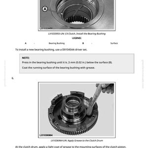 May include: Diagram of automotive parts, including a bearing bushing and clutch drum. The image shows detailed views of mechanical components with labels and instructions for assembly and maintenance. The text includes measurements in inches.